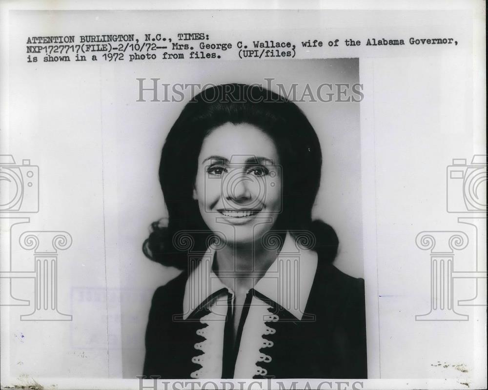 1972 Press Photo Mrs. George Wallace, wife of Alabama governor - Historic Images