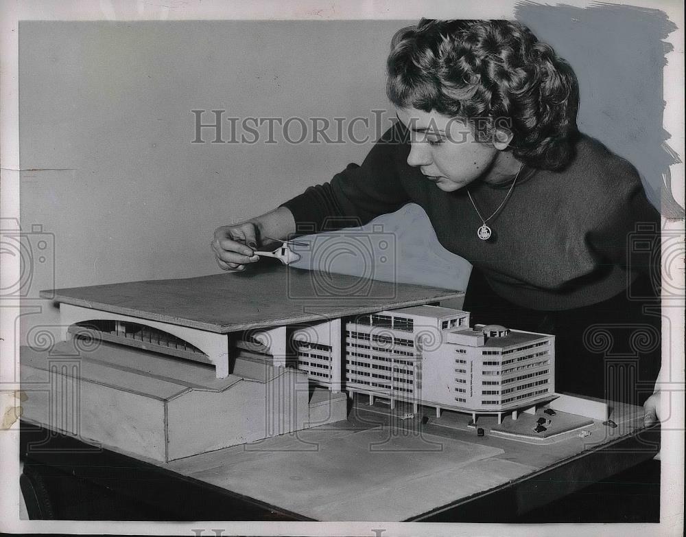 1954 Press Photo Woman with scale model of French Airport - nea80966 - Historic Images