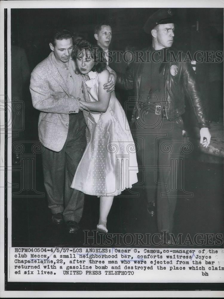 1957 Press Photo Oscar Camou, Joyce Chapadelaine after bar was fire bombed - Historic Images