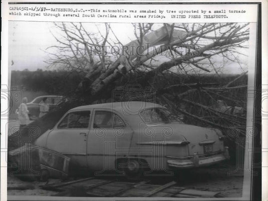1957 Press Photo Car Smashed by Uprooted Tree in South Carolina Tornado - Historic Images