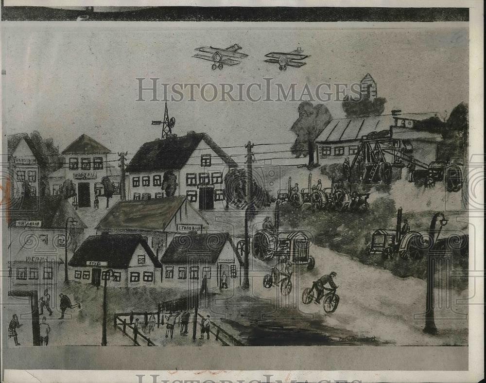 1930 Press Photo School Child drawing of a Russian Village within five years. - Historic Images