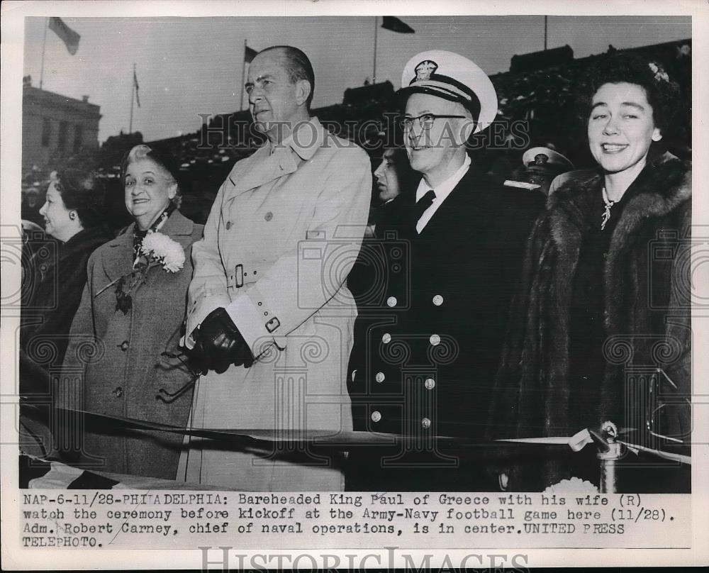 1953 Press Photo King Paul of Greece &amp; Wife, Adm. Robert Carney, Army-Navy Game - Historic Images