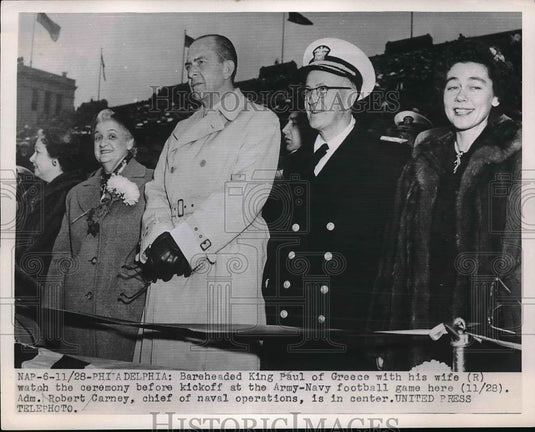 1953 Press Photo King Paul of Greece & Wife, Adm. Robert Carney, Army-Navy Game - Historic Images