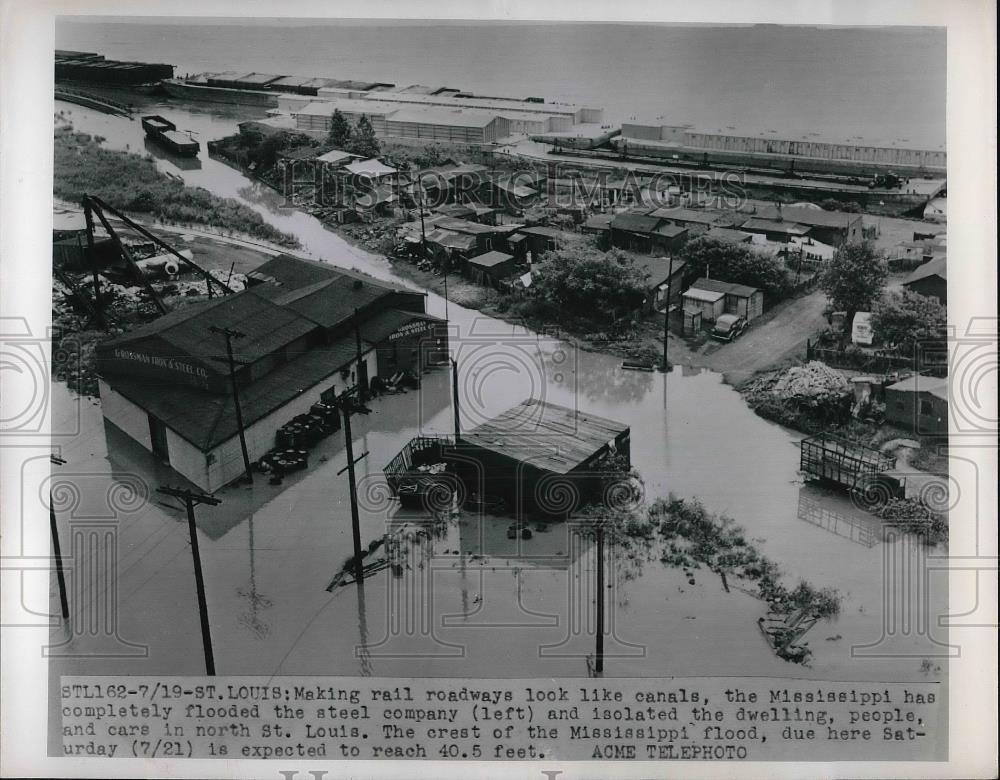 1951 Press Photo Mississippi River floods Steel Company, St. Louis, MO - Historic Images