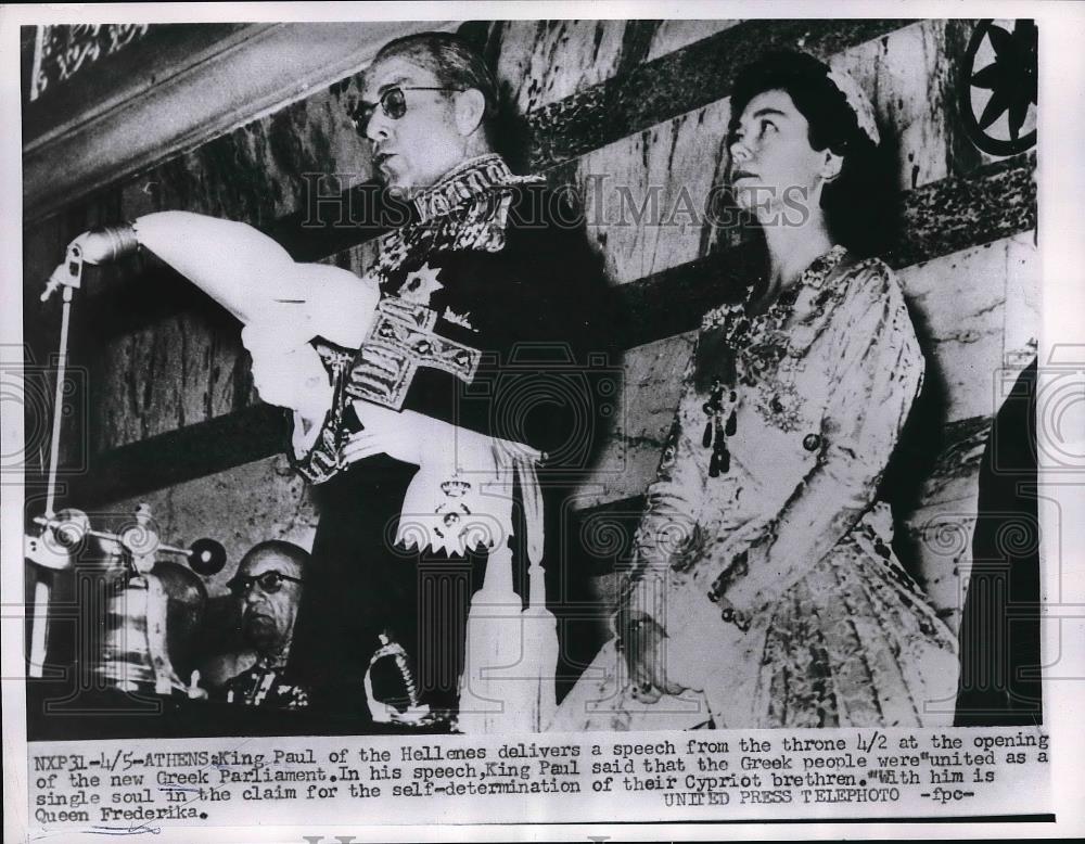 1956 Press Photo King Paul, Queen Frederika, Speech to New Greek Parliament - Historic Images