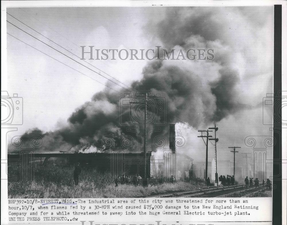 1954 Press Photo View Of General Electric Turbo-Jet Plant In Flames - Historic Images