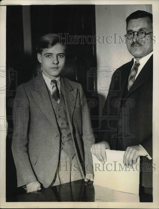 1933 Press Photo Harry Murch, age 16 & atty Joseph Lonardo at murder trial - Historic Images