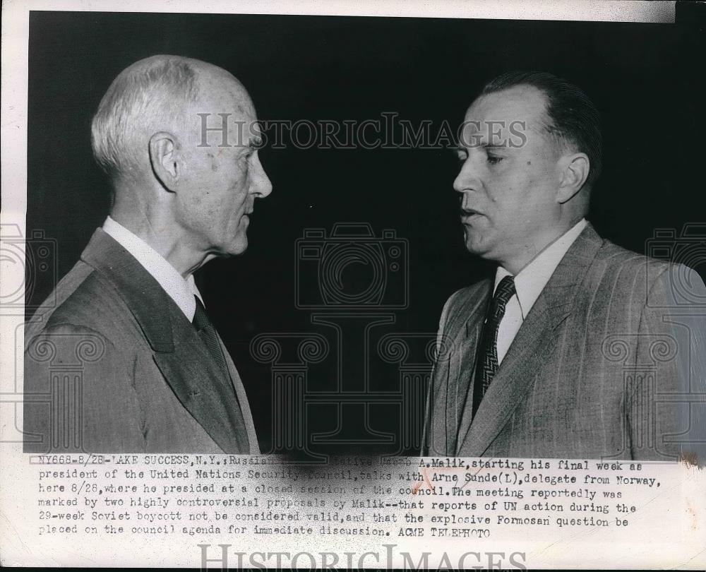 1950 Press Photo Russian Rep. A. Malik Arne Sunde - Historic Images