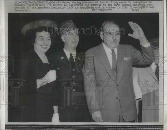 1958 Press Photo Gov. Luis Munoz Marin , Mrs Marin and John Gleason - Historic Images