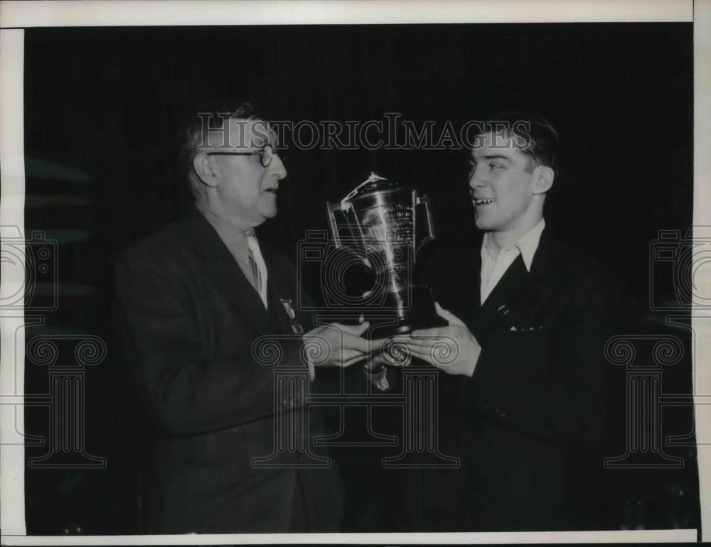 1938 Press Photo John Santiago Awarded AAU Fight Titile Trophy - Historic Images