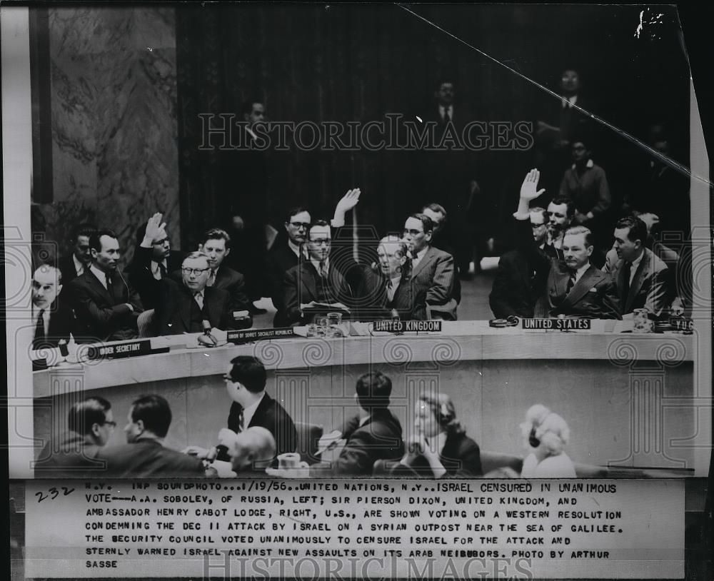 1956 Press Photo UN Vote, A.A. Soboley, Sir Pierson Dixon, Henry Cabot Lodge - Historic Images