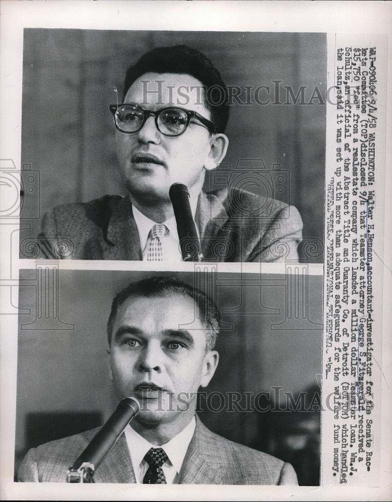 1958 Press Photo Walter Henson and Teamster attorney George Fitzgerald - Historic Images