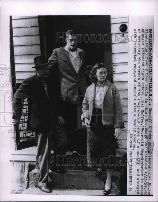 1957 Press Photo Sheriff Elisha Bebba, Mrs. Glenn Waugh Assaulted by Ross McAfee - Historic Images