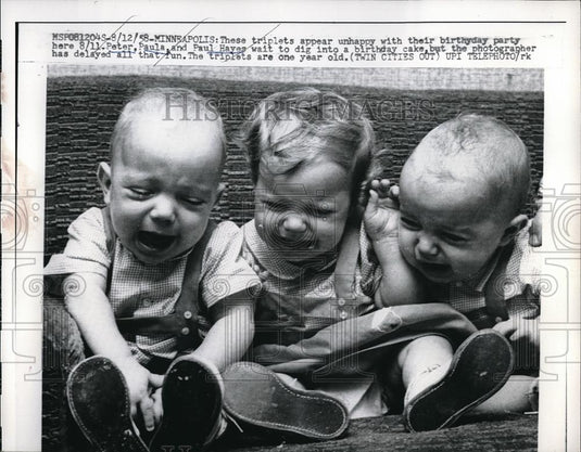 1958 Press Photo Triplets are Unhappy on Their Birthday - Historic Images