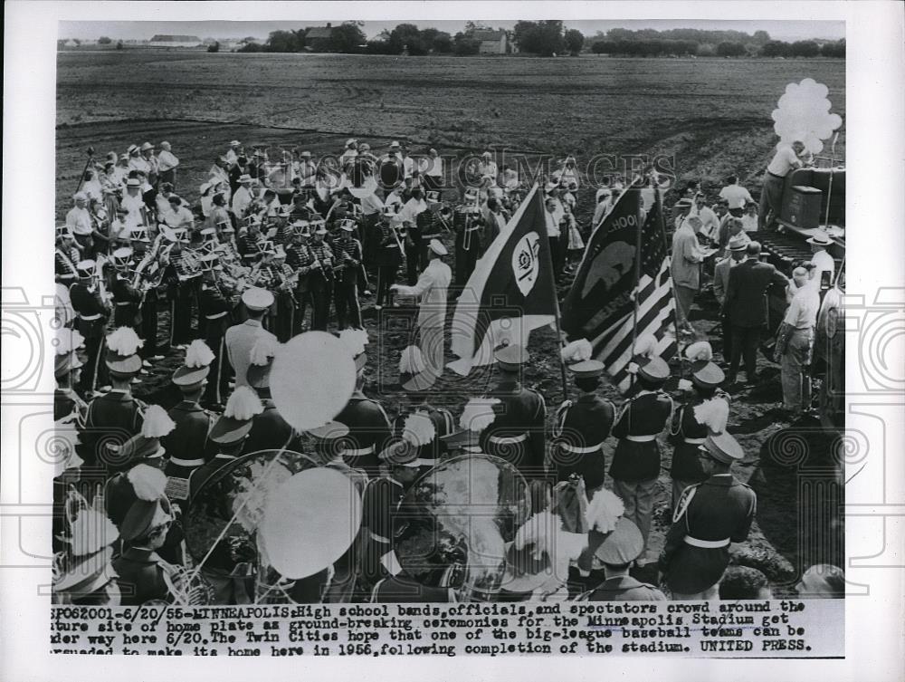 1955 Press Photo Minneapolis, Minn HS band for new Stadium groundbreaking - Historic Images