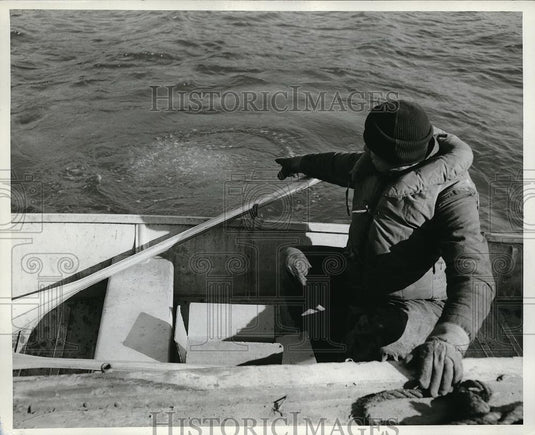 1955 Press Photo Ohio Fuel Gas & Pipe Co man at break in line at Senacaville - Historic Images