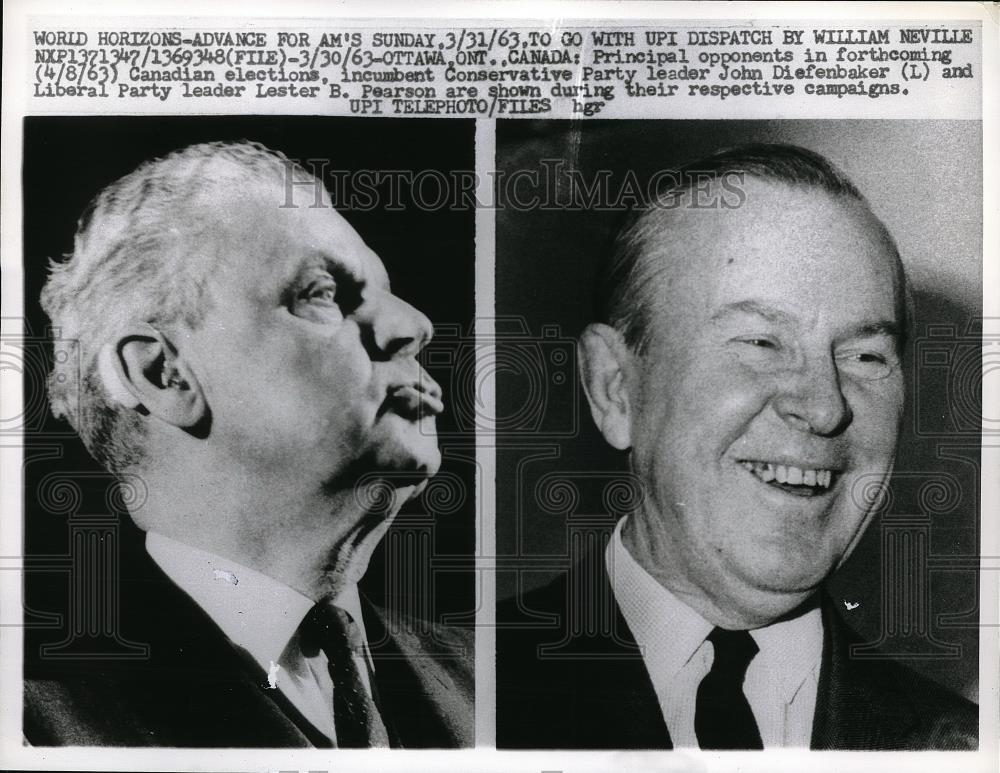 1963 Press Photo Ottawa, Canada, John Diefenbaker &amp; Lester Pearson - Historic Images