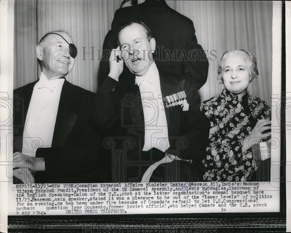 1953 Press Photo Lester Pearson, Canada, Vijaya Lakshmi Pandit, Lewis W. Douglas - Historic Images