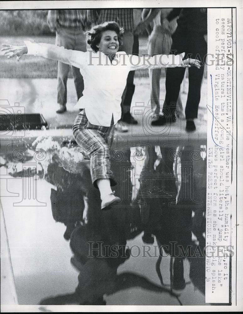 1956 Press Photo Virginia Headorffwe Jumping in the Lake - Historic Images