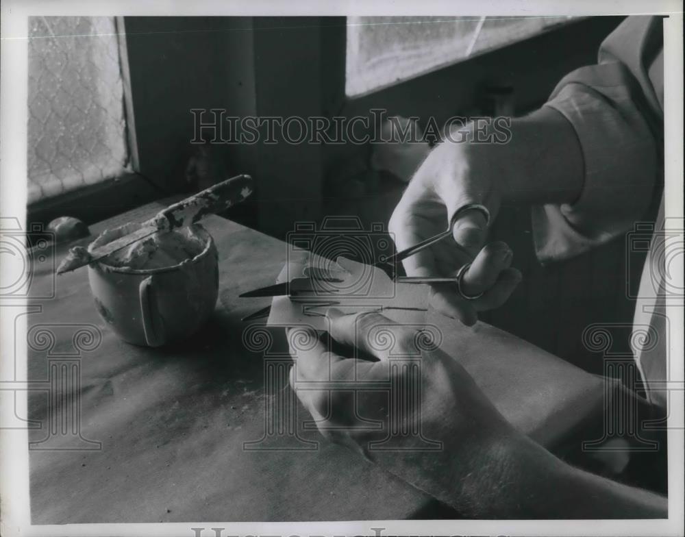 1946 Press Photo Person Cutting Cardboard Hands - Historic Images