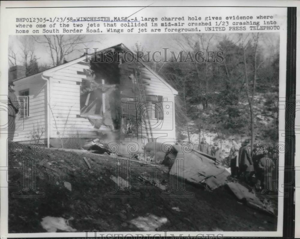 1958 Press Photo 2 Jets Collide in Midair Charred Hole was Their Landing - Historic Images