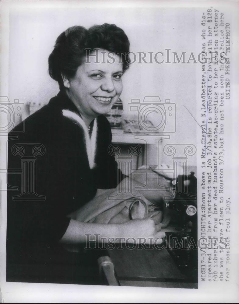 1955 Press Photo Mrs Cheryle Leadbetter Missing After Collecting Inheritance - Historic Images