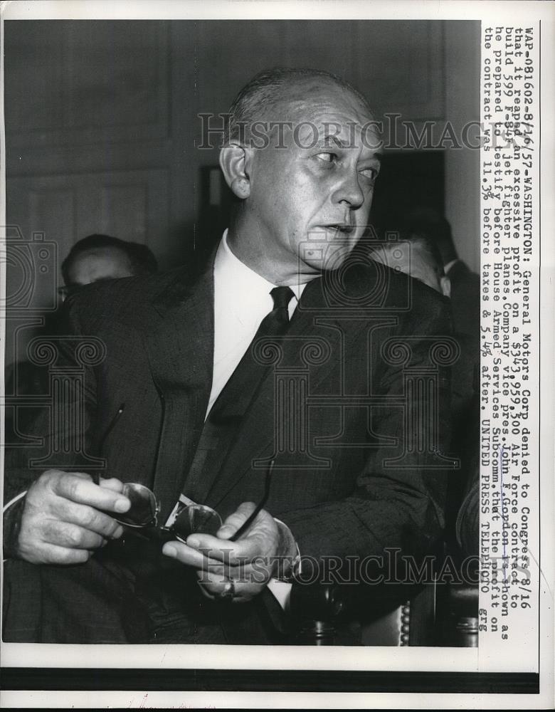 1957 Press Photo Vice President John F. Gordon of General Motors Corp. - Historic Images