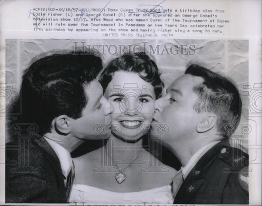 1957 Press Photo Trudy Wood Getting B-Day Kiss From George Gobel & Eddie Fisher - Historic Images
