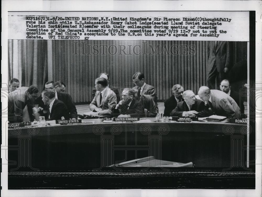 1958 Press Photo US Ambass. Henry Lodge, Soviet Delegate Valerian Zoris At UN - Historic Images