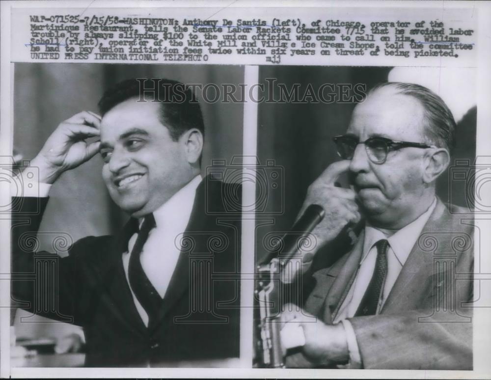 1958 Press Photo Anthony De Santis, William Scholl, Senate Rackets Investigation - Historic Images