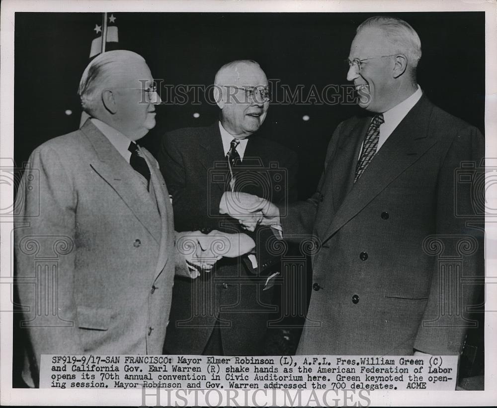 1951 Press Photo Mayor Elmer Robinson, AFL Pres. William Green &amp; Ca Gov. Earl - Historic Images