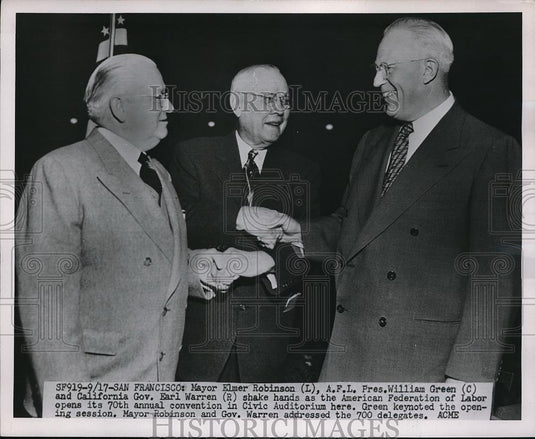 1951 Press Photo Mayor Elmer Robinson, AFL Pres. William Green & Ca Gov. Earl - Historic Images