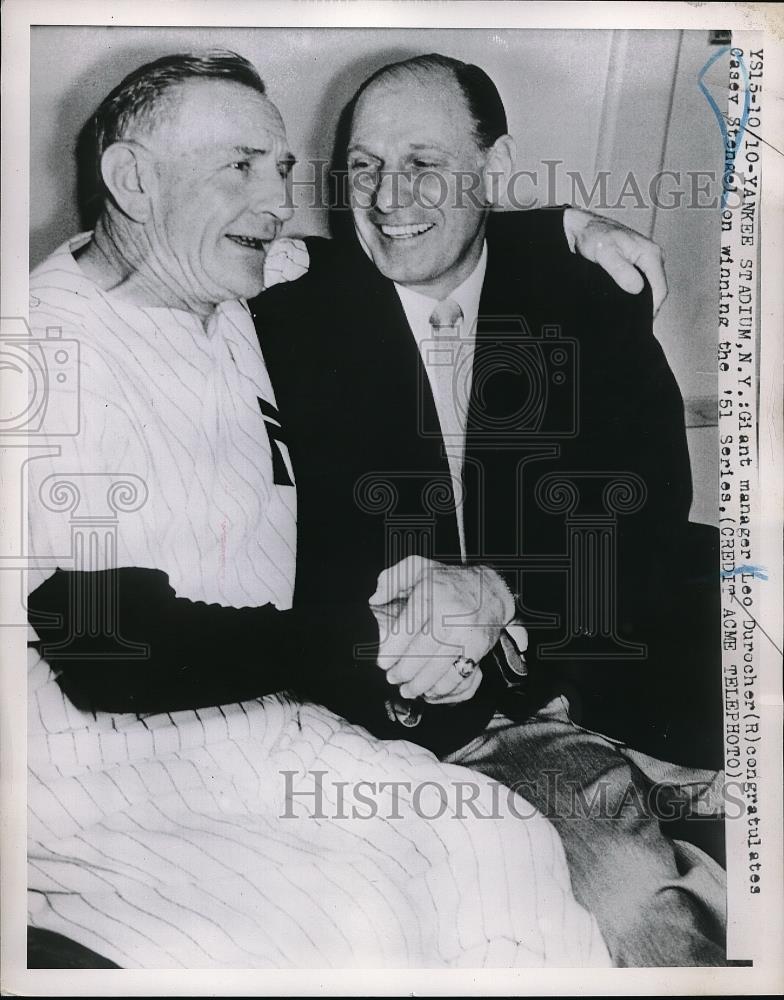 1951 Press Photo Leo Durocher congratulates Casey Stengel on winning Series - Historic Images