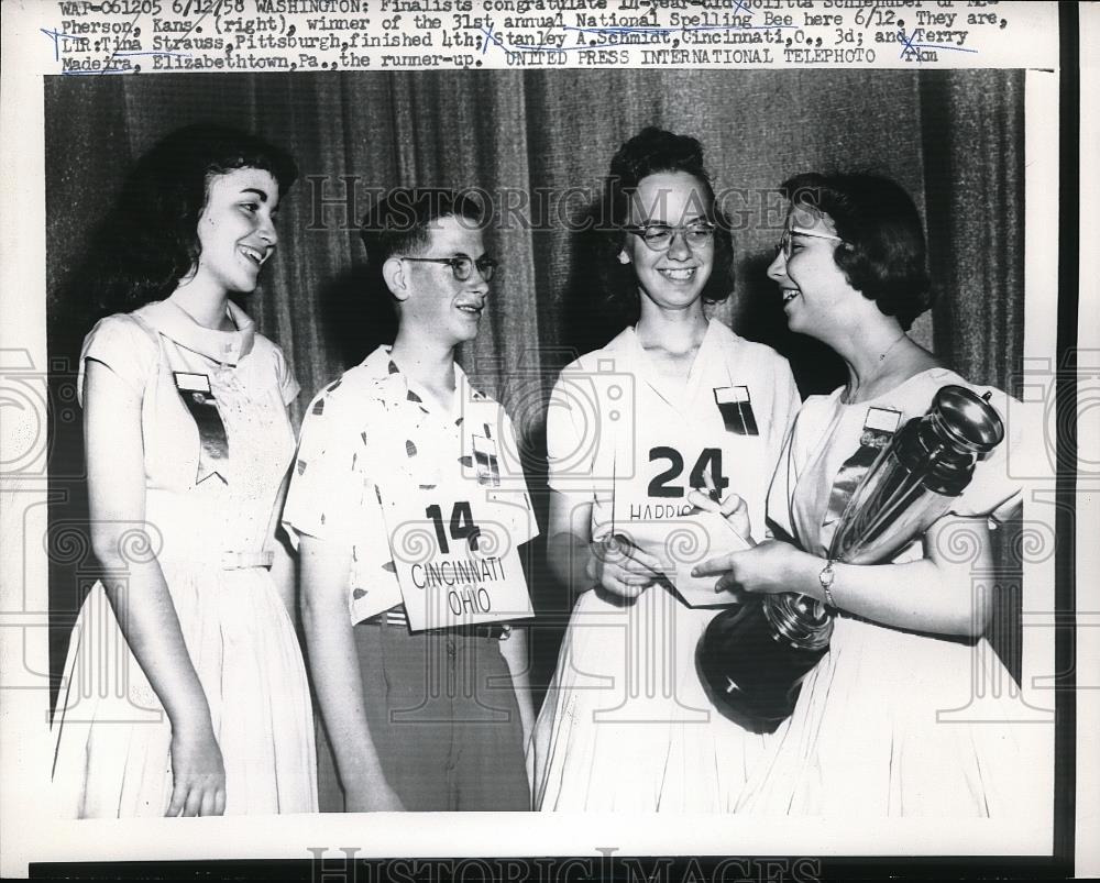 1958 Press Photo Natl Spelling Bee, T Strauss,S Schmidt,T Maderia - Historic Images