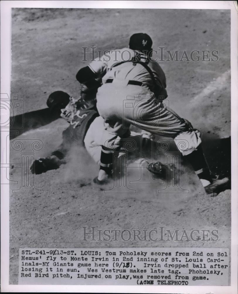 1951 Press Photo Tom Poholsky Scores In 2nd Inning of Cardinals-Giants Game - Historic Images