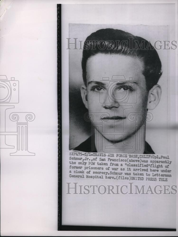 1953 Press Photo Travis AFB, Calif. Cpl Paul Schnur Jr former Korean POW - Historic Images