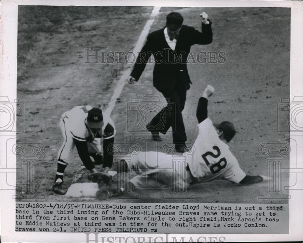 1955 Press Photo Cubs Lloyd Merriman out vs Braves Eddie mathews - Historic Images