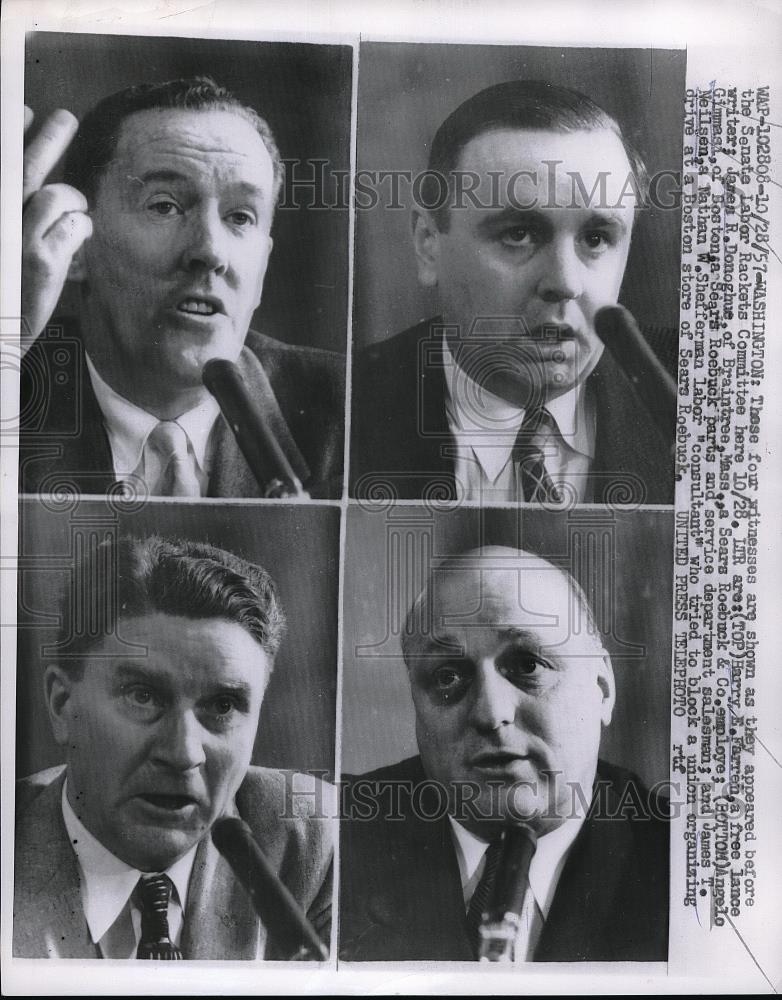 1957 Press Photo Senate Labor Rackets Comm. HE Farren,JR Donoghue,A Gimmal, - Historic Images