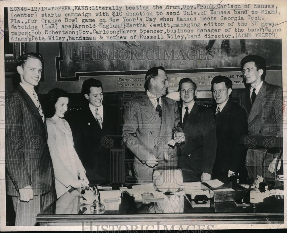 1948 Press Photo Gov. Frank Carlson , Arnold Englund, Martha Jewitt - Historic Images