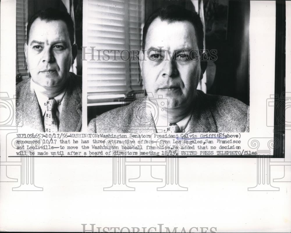 1956 Press Photo Calvin Griffith, Washington senators President. - Historic Images