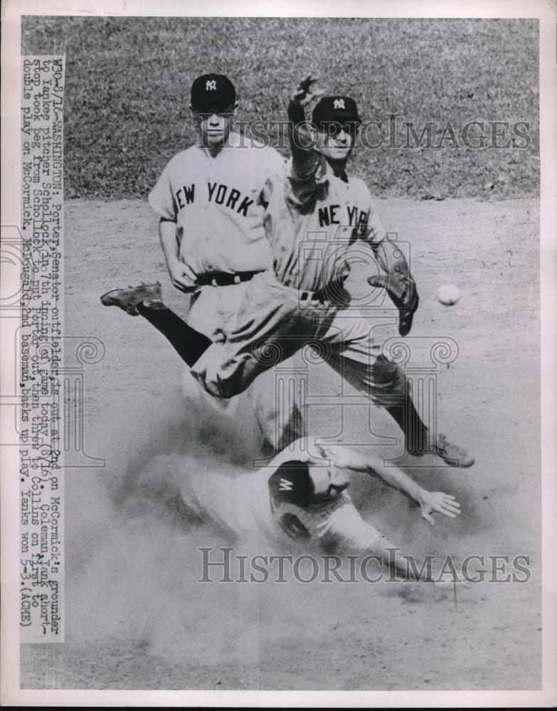 1951 Press Photo Senator Outfielder Porter Out at 2nd With McDouglas On Bag - Historic Images