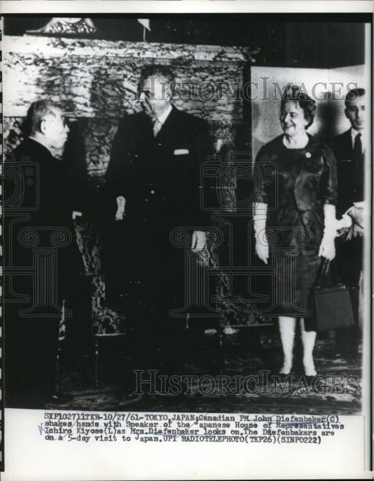 1961 Press Photo Canadian PM & Mrs. John Diefenbaker with Ichiro Kiyose Speaker - Historic Images