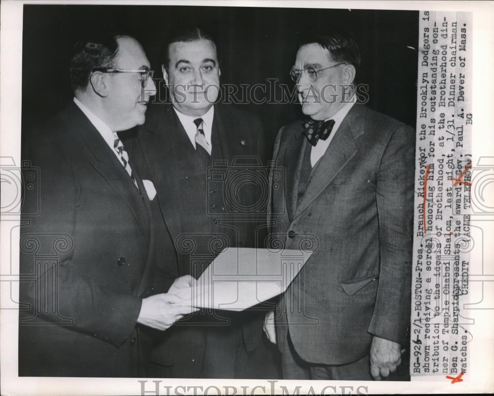 1950 Press Photo Branch Rickey, Dodgers, Ben Sharpio Temple Ohabei Shalom - Historic Images