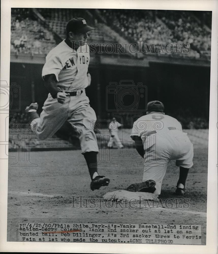 1950 Press Photo Gerry Coleman out at first as Ferris Fain makes play - Historic Images