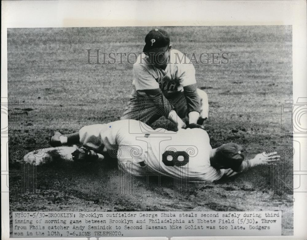 1950 Press Photo George Shuba Dodgers Steals 2nd Mike Goliat Phillies MLB - Historic Images