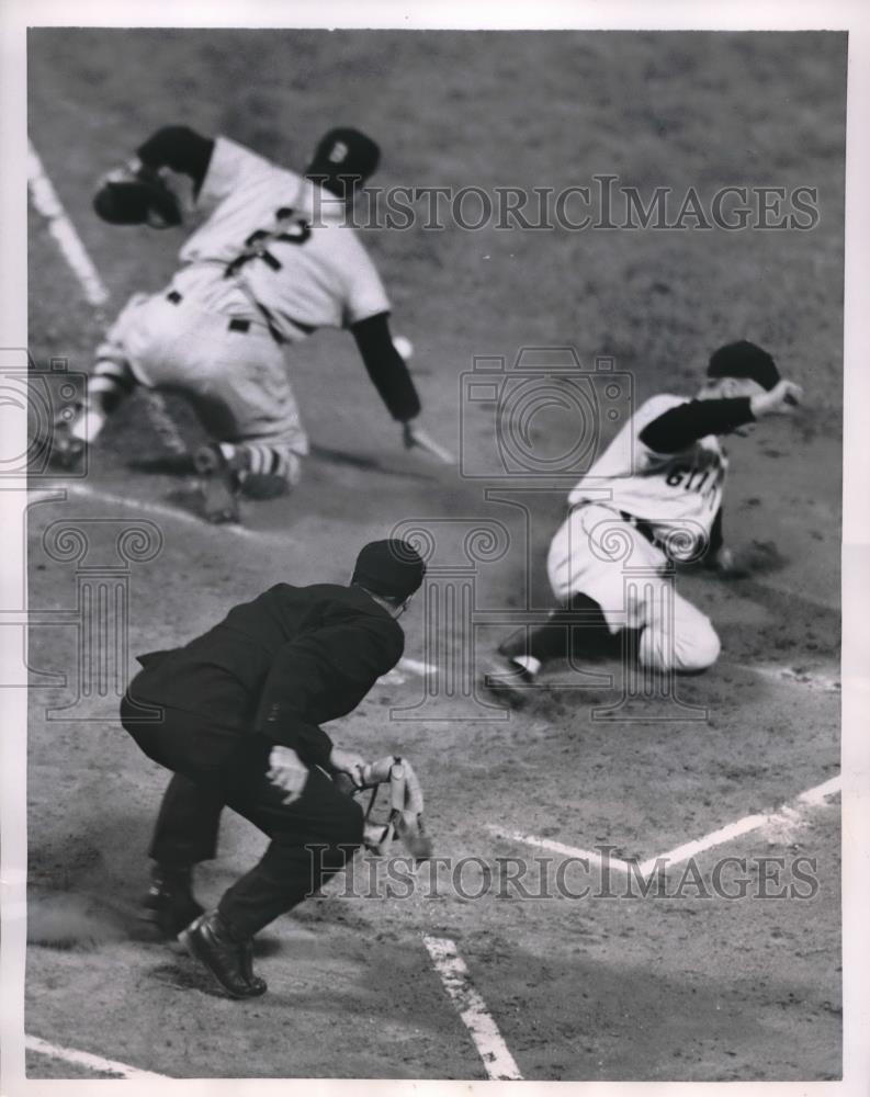 1951 Press Photo Giants Eddie Stanky slide across home plate against Red Sox. - Historic Images