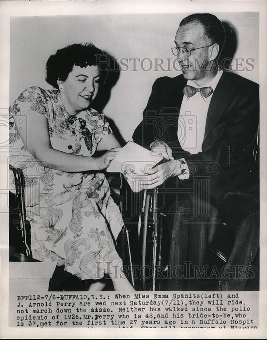 1953 Press Photo Emma Spantiz & J. Arnold Perry, Polio Victims Wed - neb32818 - Historic Images
