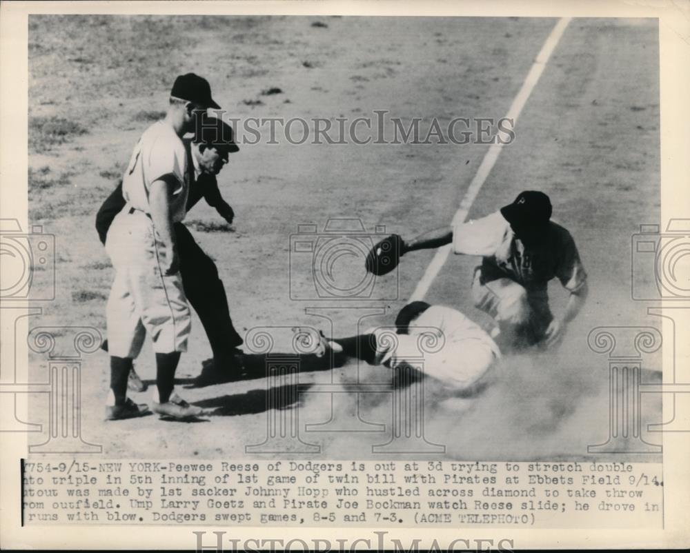 1948 Press Photo Dodgers Shortstop Peewee Reese Out at Third Base - neb36908 - Historic Images