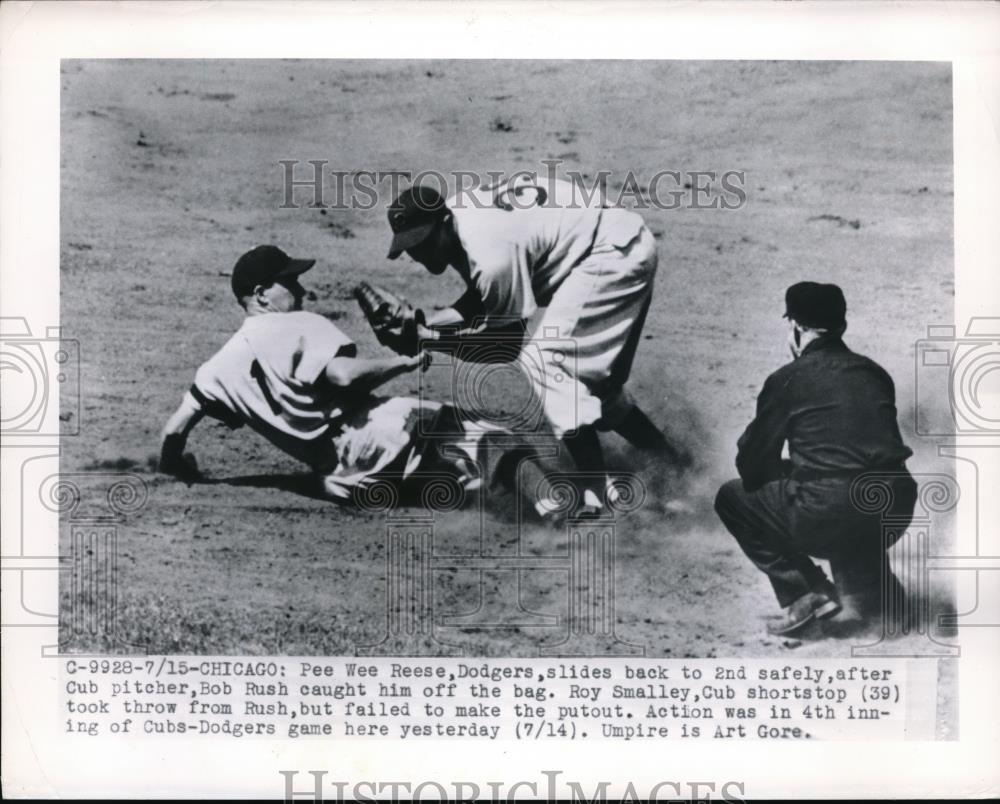 1950 Press Photo Dodgers Shortstop Peewee Reese Safe at Second Base - Historic Images