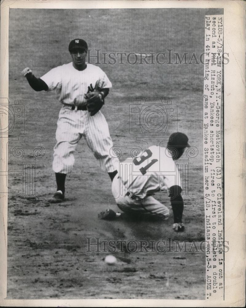 1948 Press Photo Cleveland Indian George Metkovich Out At 2nd As Phil Rizzuto - Historic Images